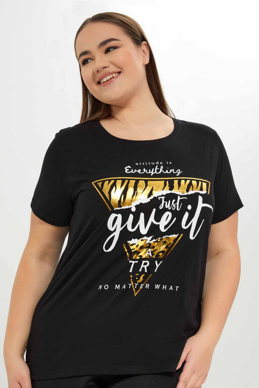 Redtag-Women-Black-Graphic-T-Shirt-Category:T-Shirts,-Colour:Black,-Deals:New-In,-Dept:Ladieswear,-Filter:Plus-Size,-LDP-T-Shirts,-New-In-LDP-APL,-Non-Sale,-S23A,-Section:Women,-TBL-Women's-