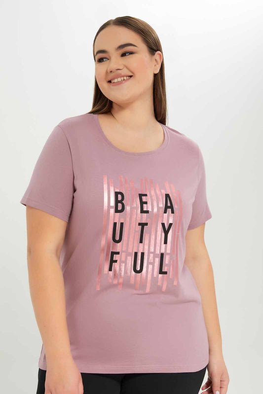 Redtag-Women-Mauve-Graphic-T-Shirt-Category:T-Shirts,-Colour:Mauve,-Deals:New-In,-Dept:Ladieswear,-Filter:Plus-Size,-LDP-T-Shirts,-New-In-LDP-APL,-Non-Sale,-S23A,-Section:Women,-TBL-Women's-
