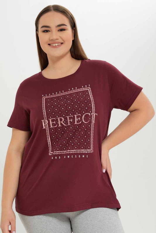 Redtag-Women-Burgandy-Graphic-T-Shirt-Category:T-Shirts,-Colour:Burgundy,-Deals:New-In,-Dept:Ladieswear,-Filter:Plus-Size,-LDP-T-Shirts,-New-In-LDP-APL,-Non-Sale,-S23A,-Section:Women,-TBL-Women's-