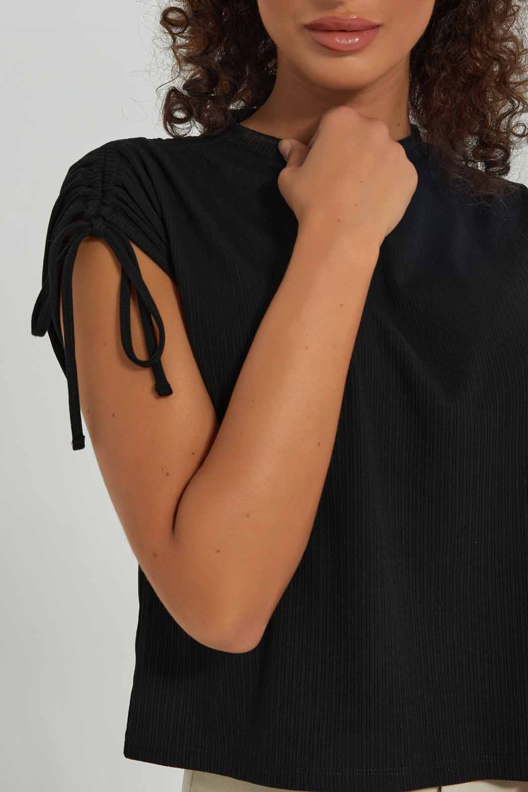 Redtag-Women-Black-Ruched-Shoulder-Top-Category:T-Shirts,-Colour:Black,-Deals:New-In,-Dept:Ladieswear,-Filter:Women's-Clothing,-New-In-Women-APL,-Non-Sale,-S23A,-Section:Women,-Women-T-Shirts-Women's-