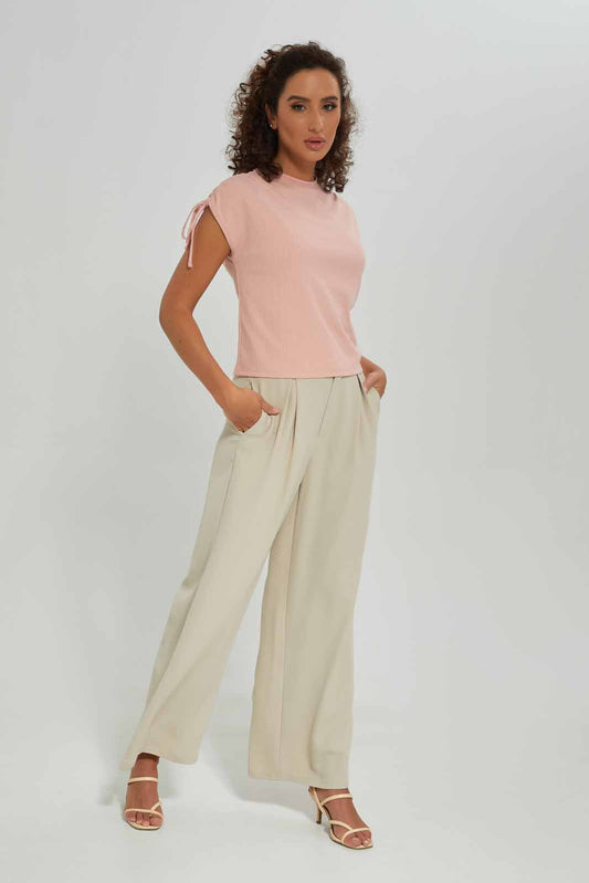 Redtag-Women-Pale-Pink-Ruched-Shoulder-Top-Category:T-Shirts,-Colour:Apricot,-Deals:New-In,-Dept:Ladieswear,-Filter:Women's-Clothing,-New-In-Women-APL,-Non-Sale,-S23A,-Section:Women,-Women-T-Shirts-Women's-
