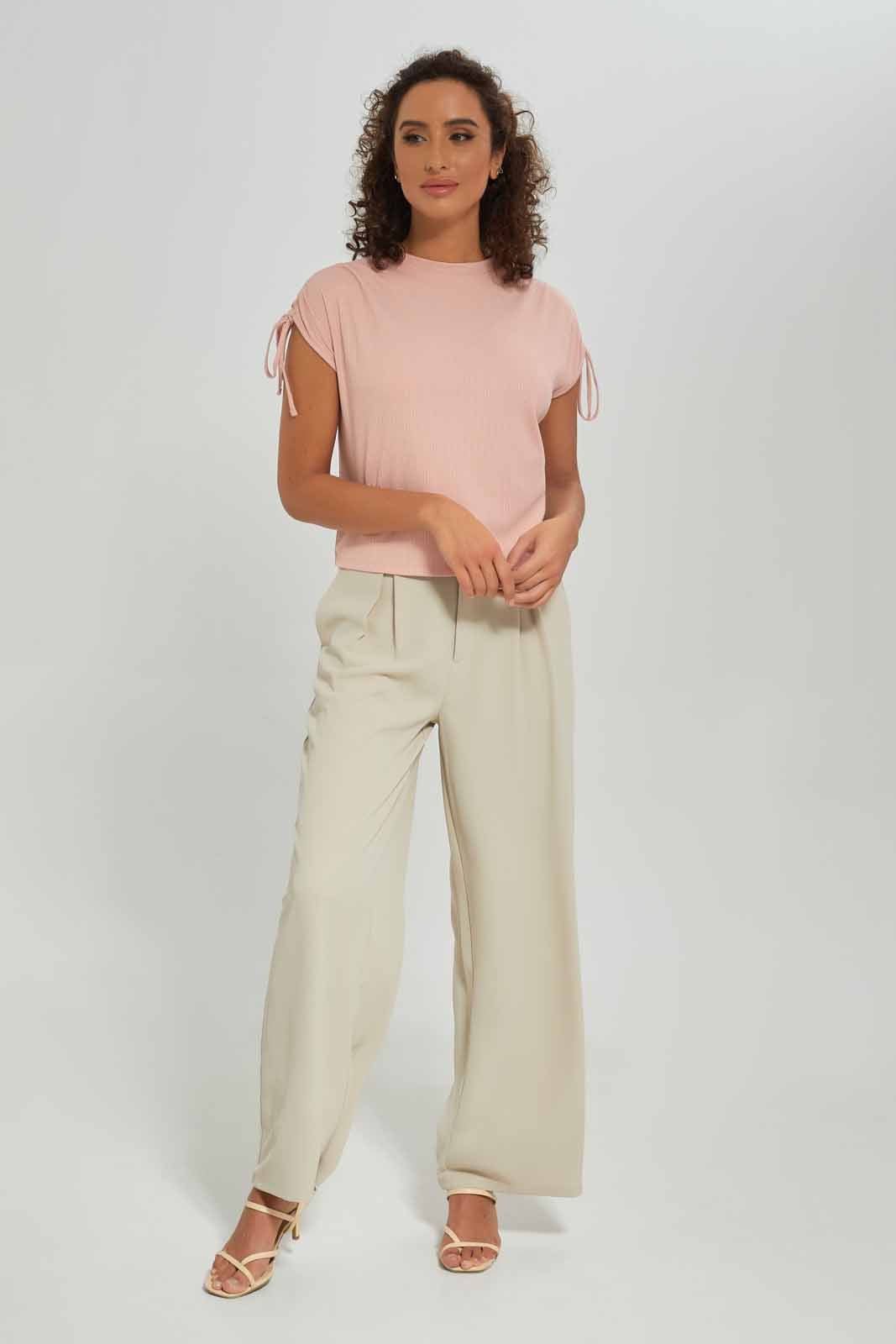 Redtag-Women-Pale-Pink-Ruched-Shoulder-Top-Category:T-Shirts,-Colour:Apricot,-Deals:New-In,-Dept:Ladieswear,-Filter:Women's-Clothing,-New-In-Women-APL,-Non-Sale,-S23A,-Section:Women,-Women-T-Shirts-Women's-