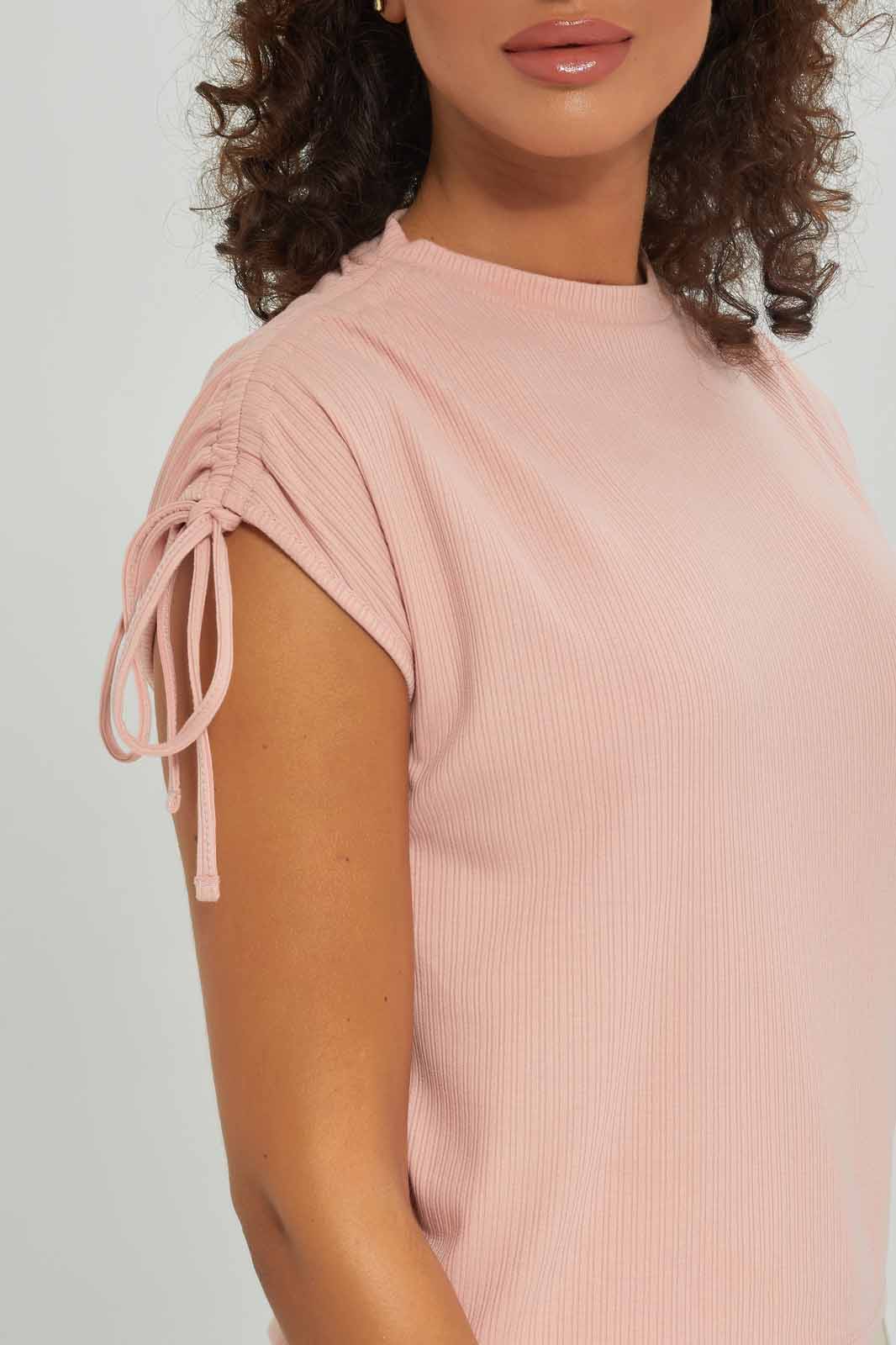 Redtag-Women-Pale-Pink-Ruched-Shoulder-Top-Category:T-Shirts,-Colour:Apricot,-Deals:New-In,-Dept:Ladieswear,-Filter:Women's-Clothing,-New-In-Women-APL,-Non-Sale,-S23A,-Section:Women,-Women-T-Shirts-Women's-