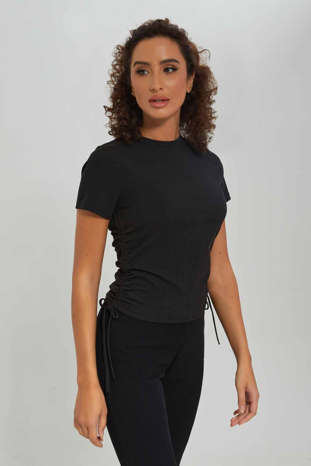 Redtag-Women-Black-Side-Ruched-Top-Category:T-Shirts,-Colour:Black,-Deals:New-In,-Dept:Ladieswear,-Filter:Women's-Clothing,-New-In-Women-APL,-Non-Sale,-S23A,-Section:Women,-Women-T-Shirts-Women's-