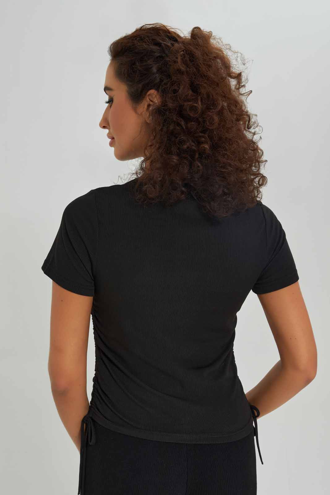Redtag-Women-Black-Side-Ruched-Top-Category:T-Shirts,-Colour:Black,-Deals:New-In,-Dept:Ladieswear,-Filter:Women's-Clothing,-New-In-Women-APL,-Non-Sale,-S23A,-Section:Women,-Women-T-Shirts-Women's-
