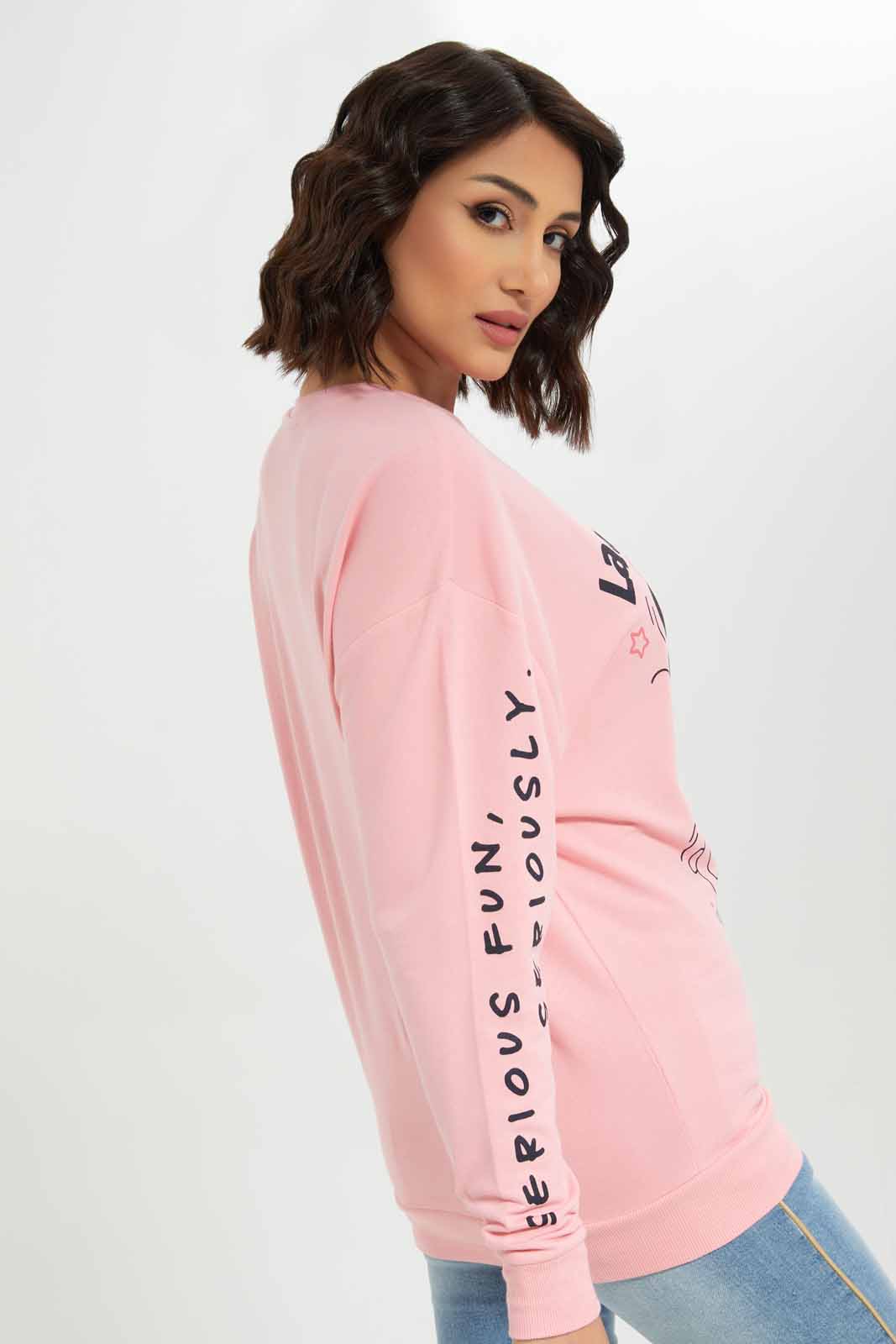 Redtag-Women-Pink-Minnie-And-Daisy-Printed-Sweatshirt-Category:Sweatshirts,-CHA,-Colour:Apricot,-Deals:New-In,-Dept:Ladieswear,-Filter:Women's-Clothing,-New-In-Women-APL,-Non-Sale,-S23A,-Section:Women,-TBL,-Women-Sweatshirts-Women's-