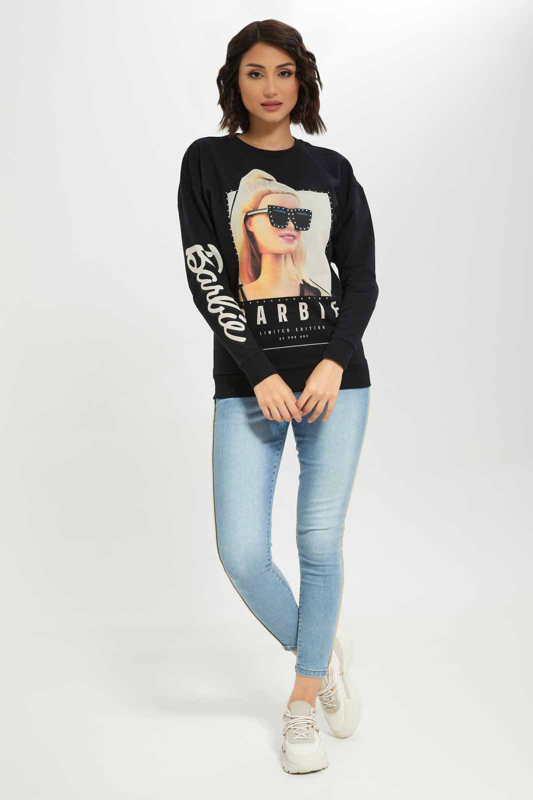 Redtag-Women-Black-Barbie-Printed-Sweatshirt-Category:Sweatshirts,-Colour:Black,-Deals:New-In,-Dept:Ladieswear,-Filter:Women's-Clothing,-New-In-Women-APL,-Non-Sale,-S23A,-Section:Women,-TBL,-Women-Sweatshirts-Women's-