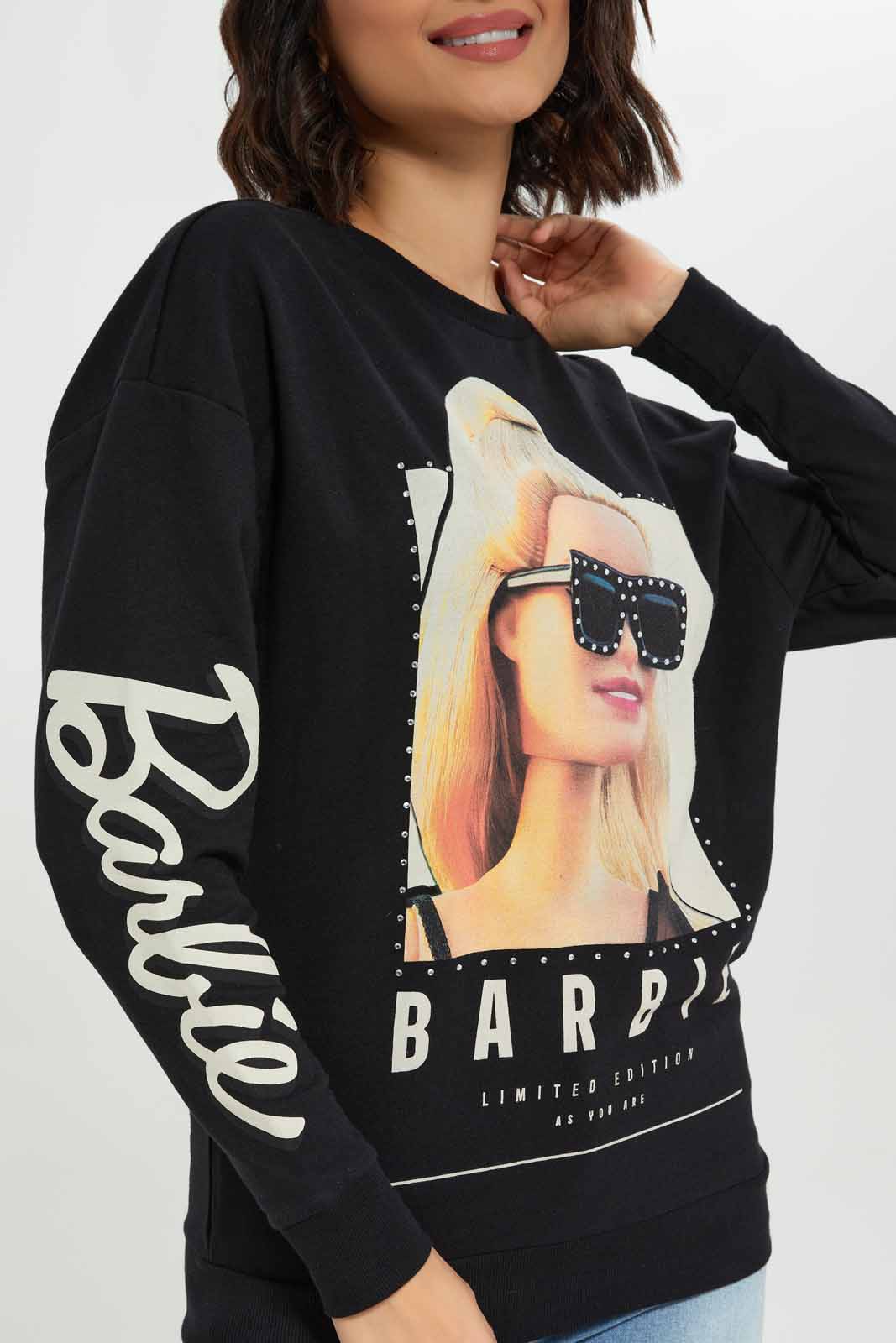 Redtag-Women-Black-Barbie-Printed-Sweatshirt-Category:Sweatshirts,-Colour:Black,-Deals:New-In,-Dept:Ladieswear,-Filter:Women's-Clothing,-New-In-Women-APL,-Non-Sale,-S23A,-Section:Women,-TBL,-Women-Sweatshirts-Women's-