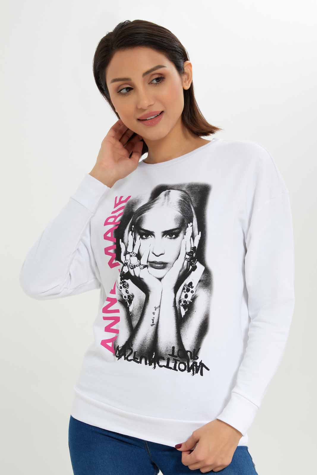 Redtag-Women-White-Anne-Marie-Printed-Sweatshirt-Category:Sweatshirts,-Colour:White,-Deals:New-In,-Dept:Ladieswear,-Filter:Women's-Clothing,-New-In-Women-APL,-Non-Sale,-S23A,-Section:Women,-TBL,-Women-Sweatshirts-Women's-